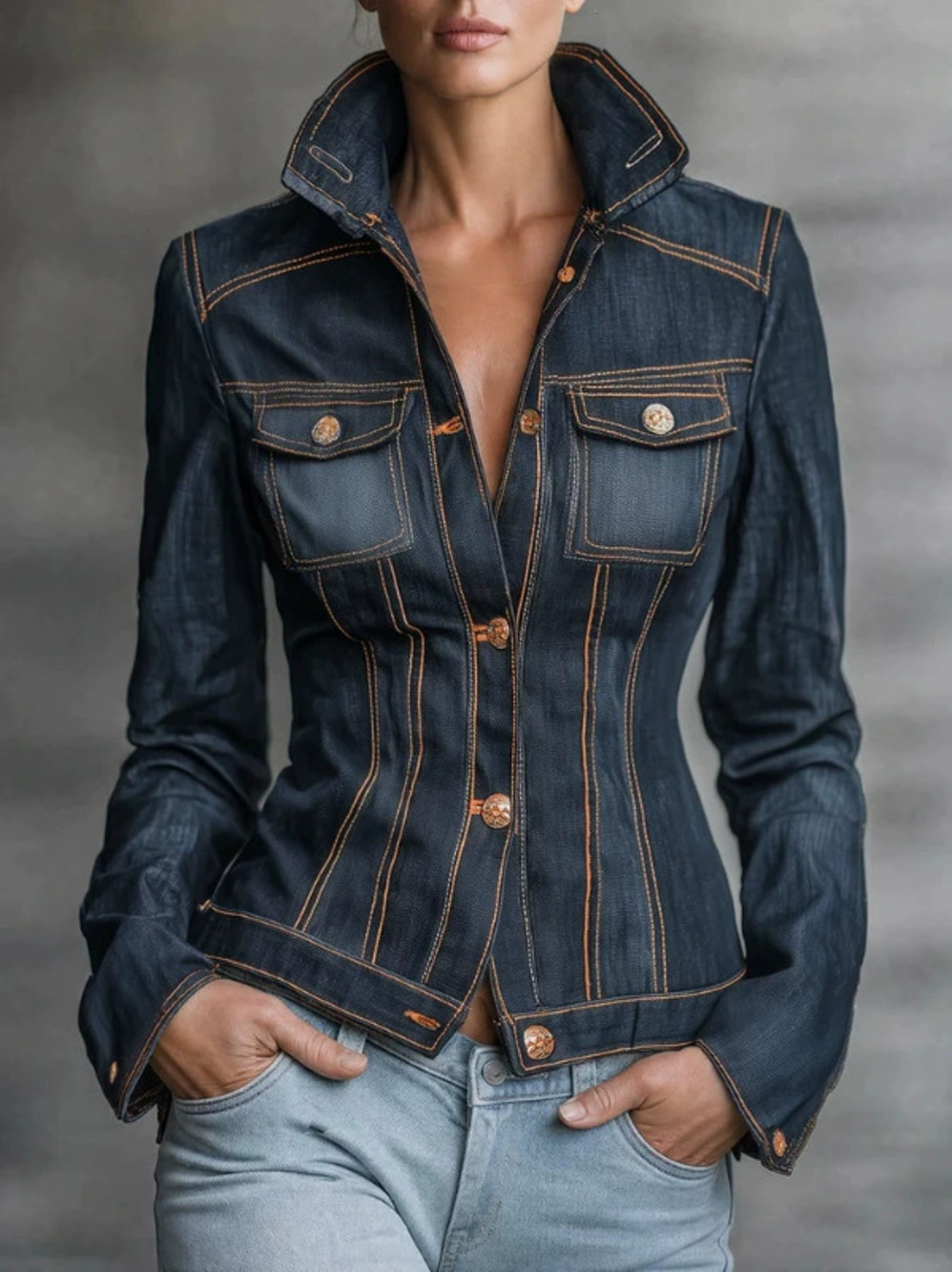 H&M Vintage Casual Slim Fit Dark Denim Jacket with Orange Contrast Stitching